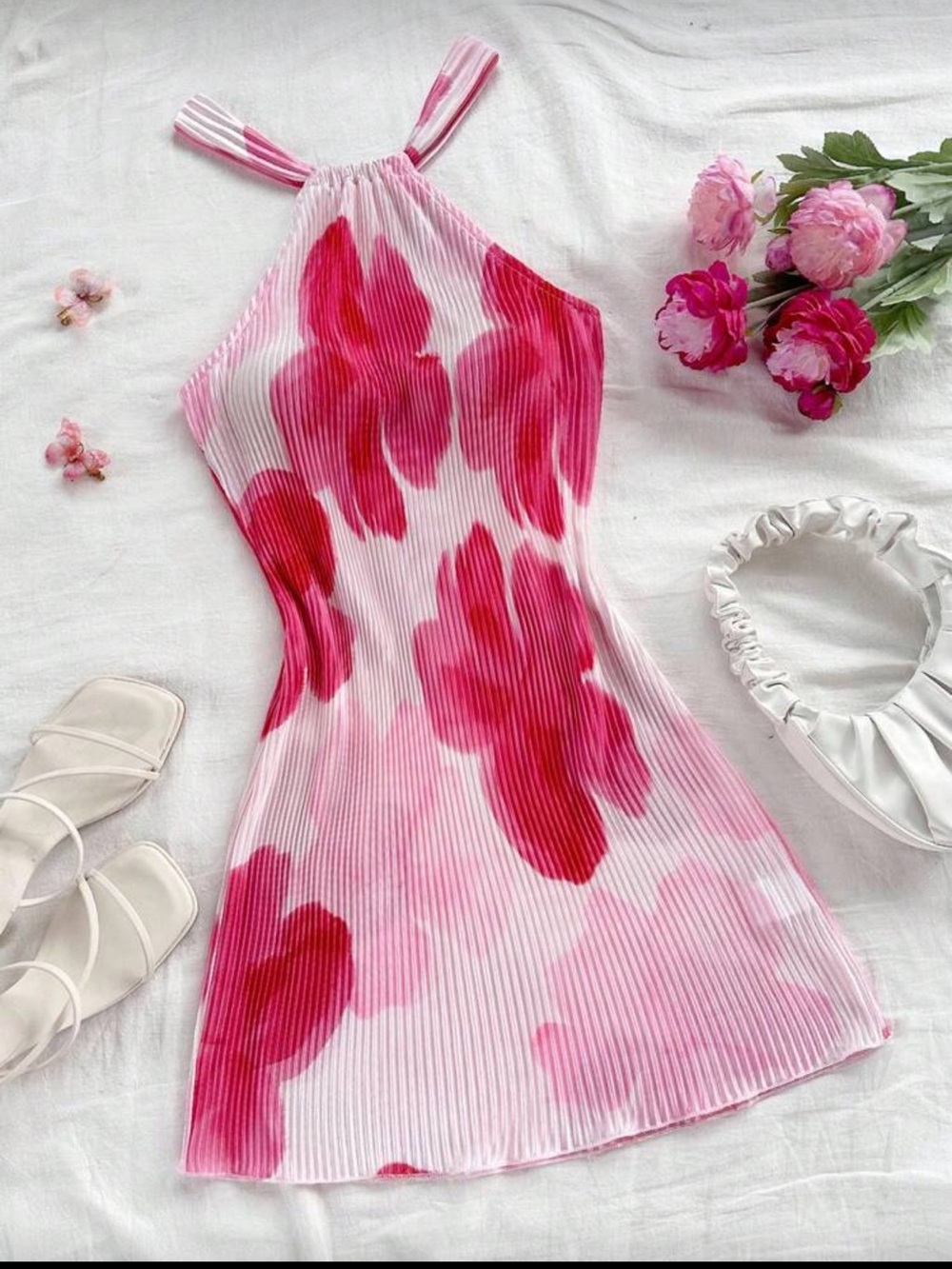 Pink Floral Halter Mini Dress